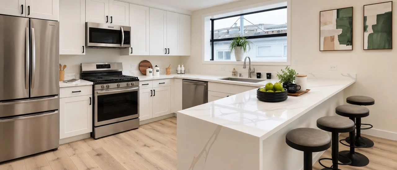 White kitchen with a waterfall peninsula from the HRamos Construction website