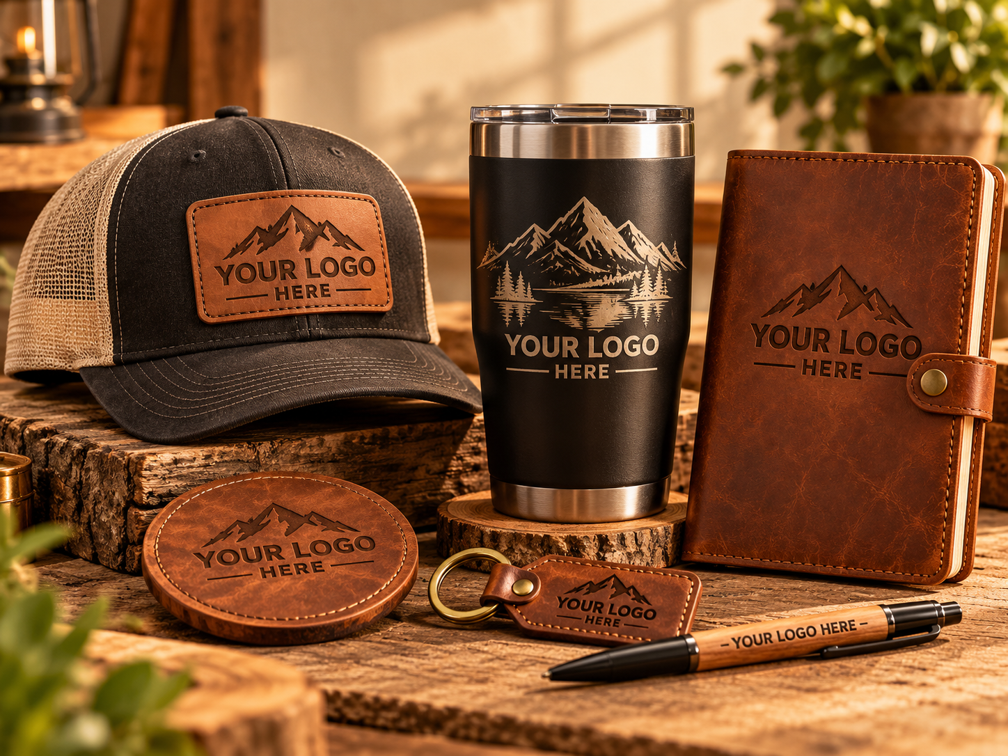 Leather patch hat, engraved tumbler, notebook, coaster, keyring and pen concept