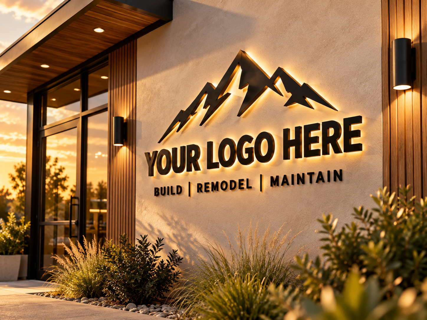 Dimensional mountain logo and illuminated storefront lettering concept